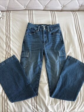 PAIGE True Blue High-Rise Slim Flare Cargo Jeans